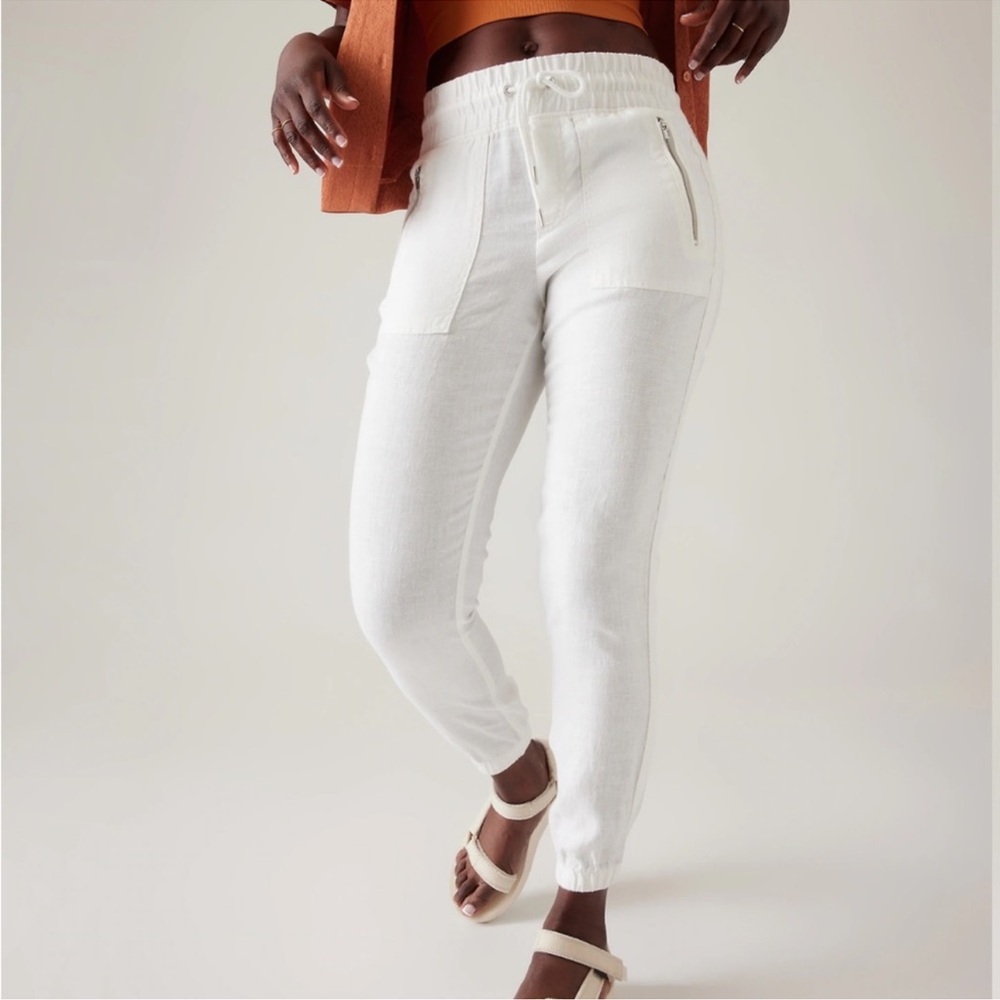 Athleta Womens Cabo Linen Jogger Pants Size 0 White Pockets Drawstring Beach‎